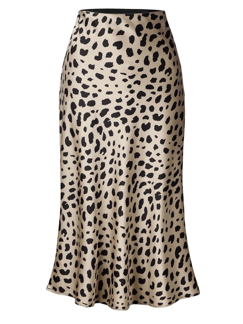 Beige and Black Leopard Print Satin Midi Skirt